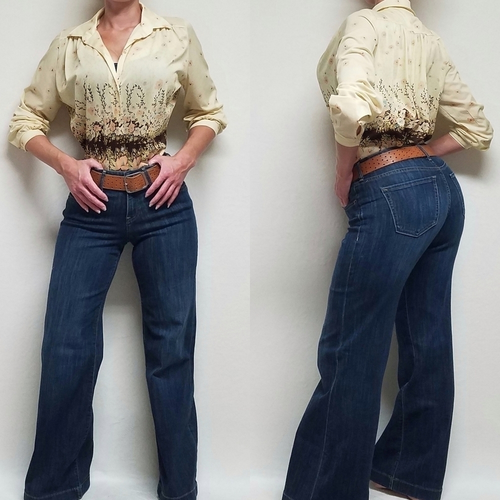 VINTAGE 1960s Boho Yellow Multi-color Floral Long Sleeves Button Up Day Blouse - Picture 1 of 14